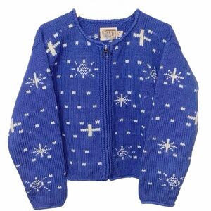 Rev Wear Womens Blue White Wool Full Zip Knit Cardigan Sweater Sm/Med